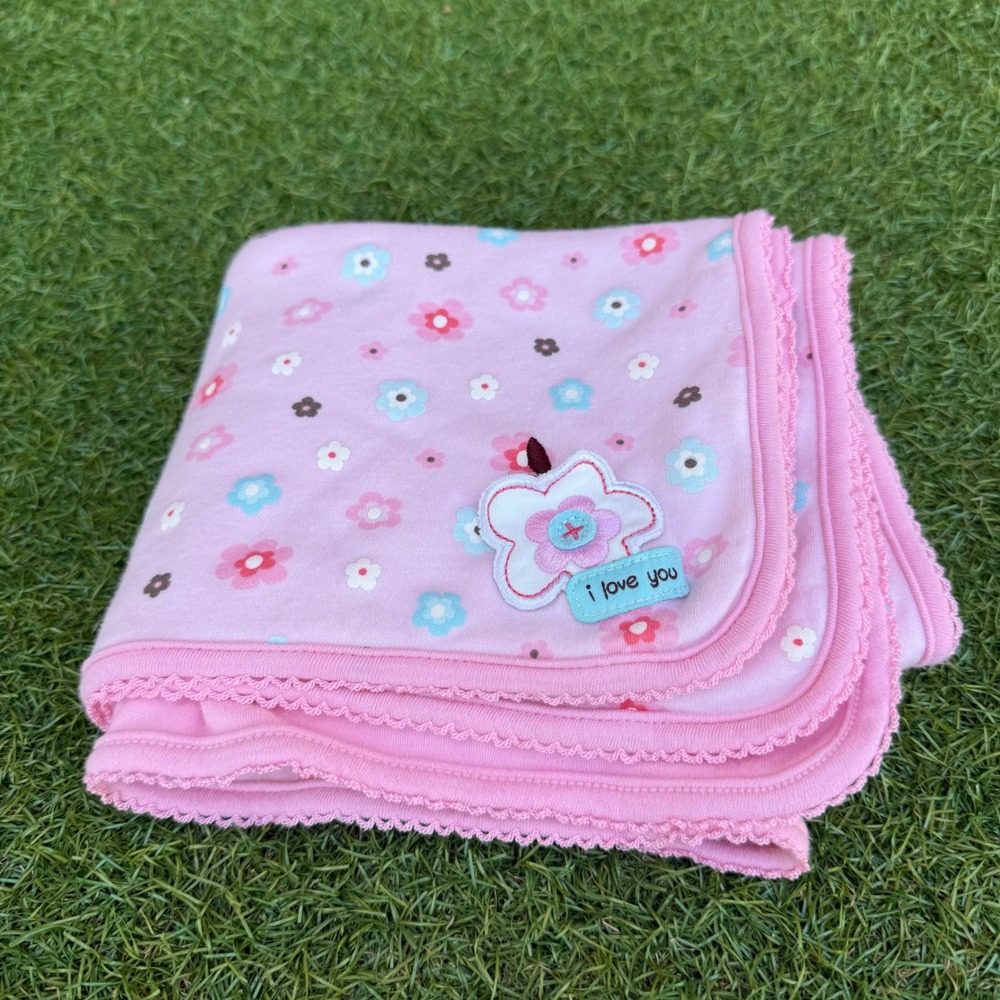 Vtg Just One Year Carters Pink Floral Cotton Baby Blanket I Love You 25" x 31"